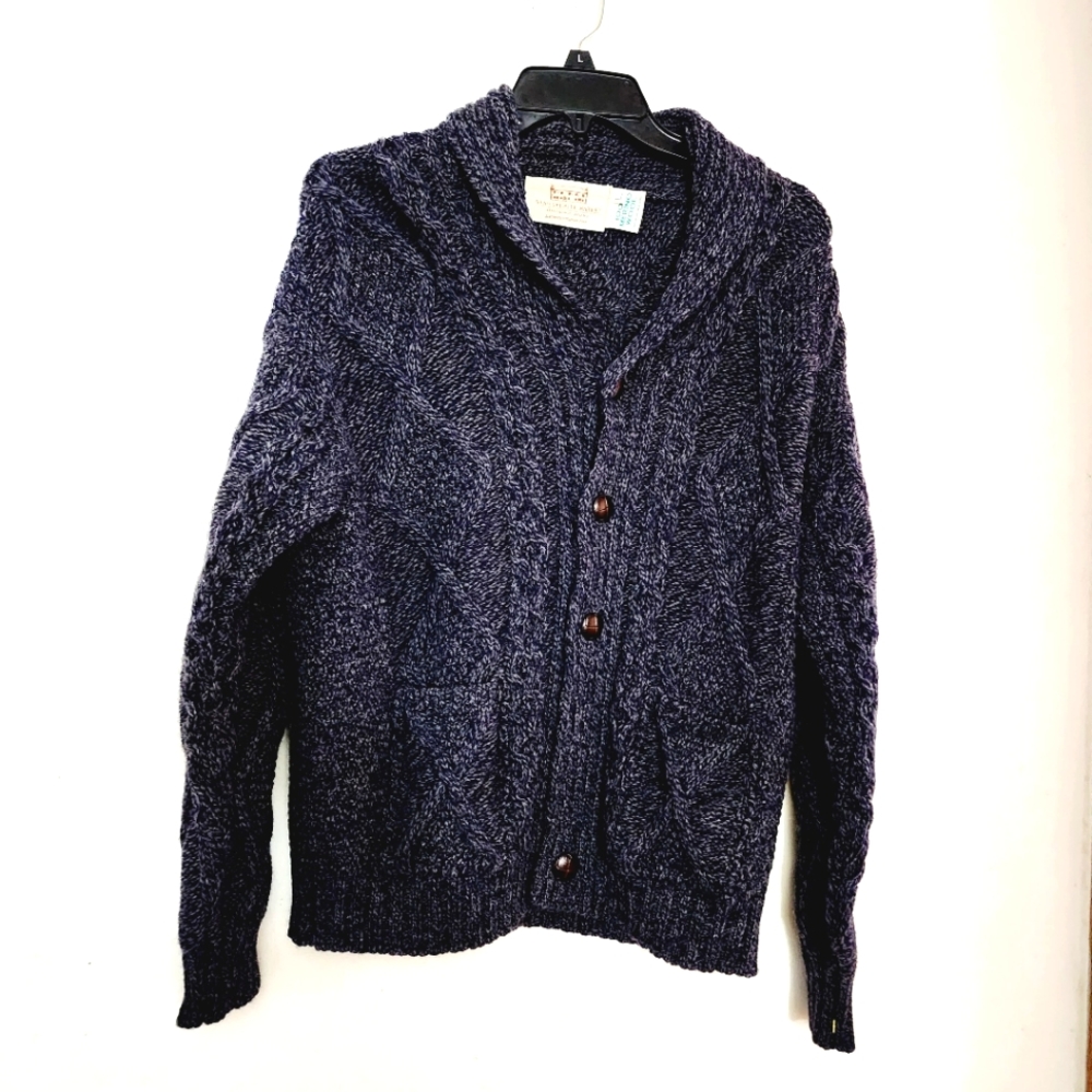Aran Sweater Market Men's Charcoal Shawl Neck Diamond Knit Cardigan Large. READ